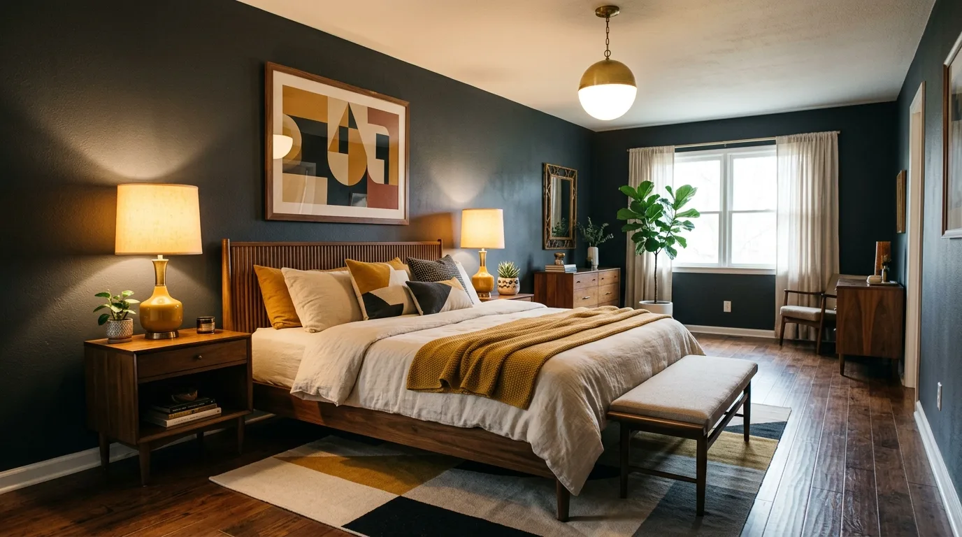 Black bedroom with plush rug and soft layered cozy styling.