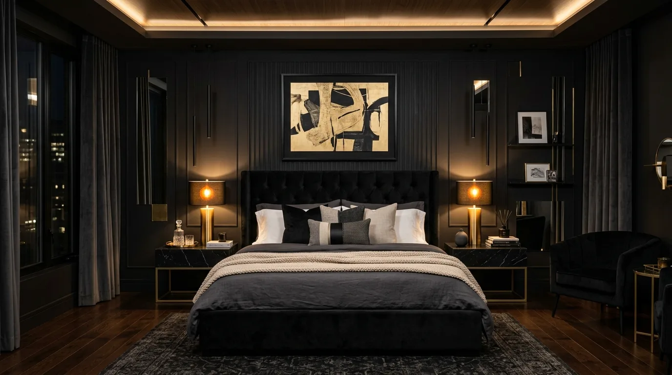 Bold black bedroom that still feels deeply restful with warm materials and soft light.