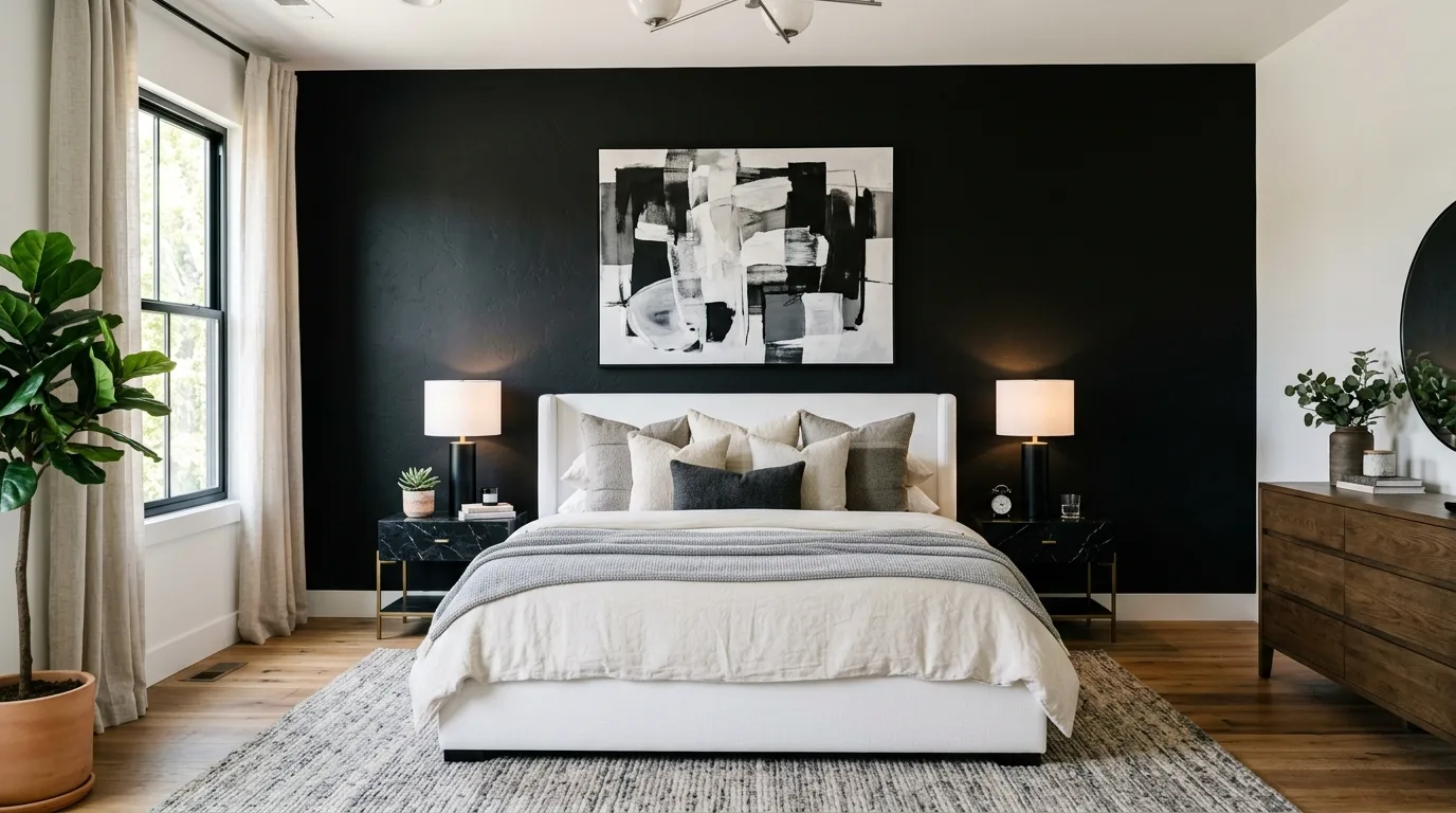 Bold black bedroom wall creating dramatic focus and layered moody styling.