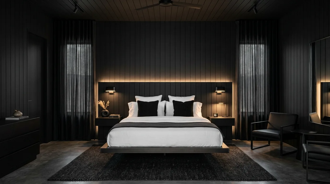 Black walls and crisp white contrast in a dramatic statement bedroom.