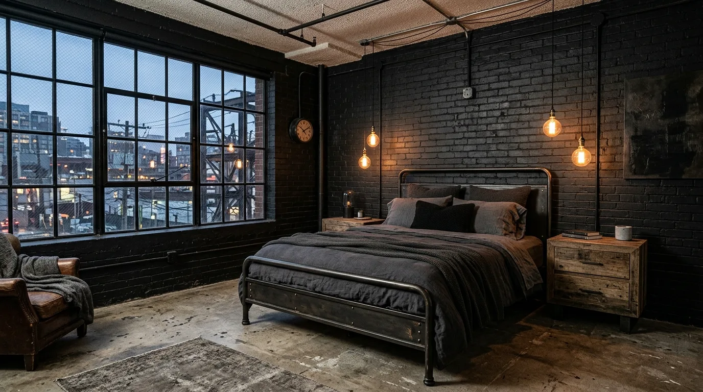Matte black walls with layered linen bedding in a bold refined bedroom.