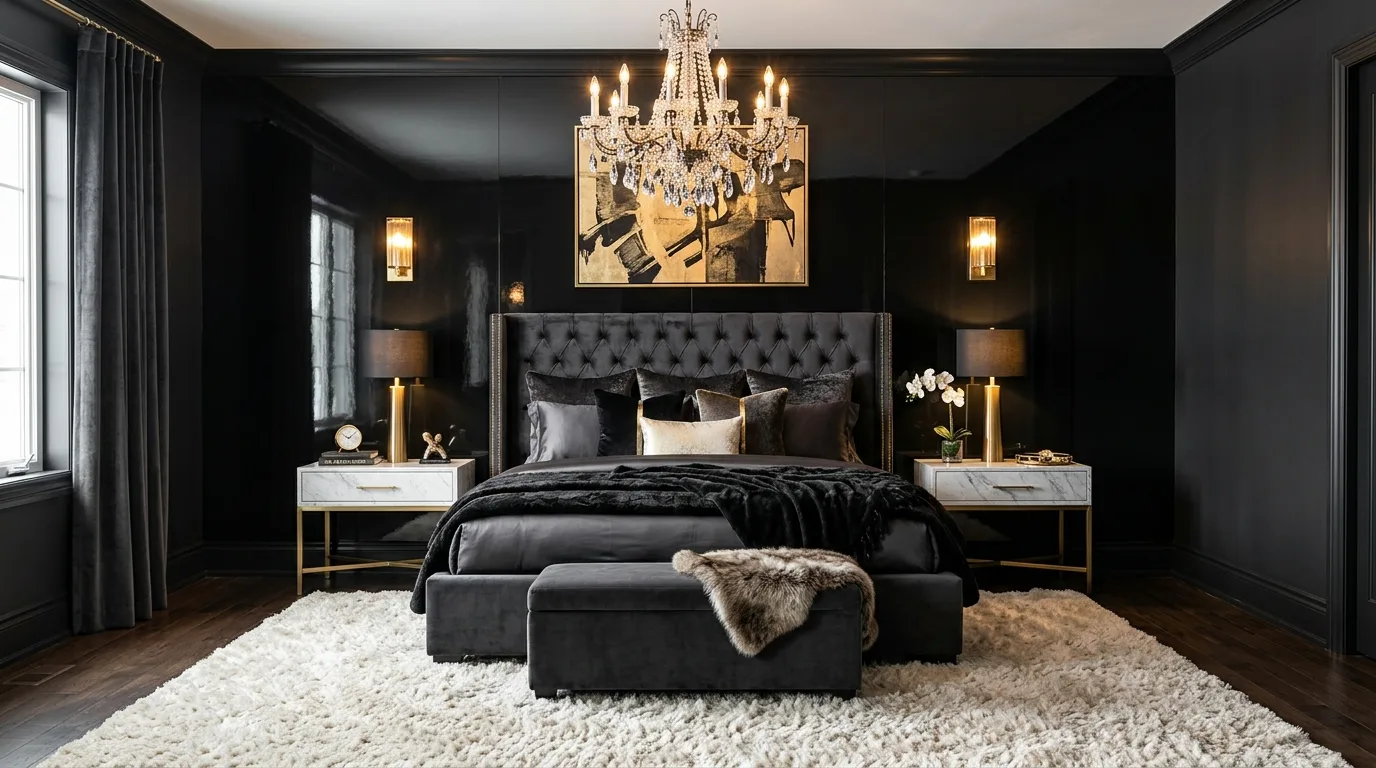 Black walls with warm wood contrast in a bold stylish bedroom.