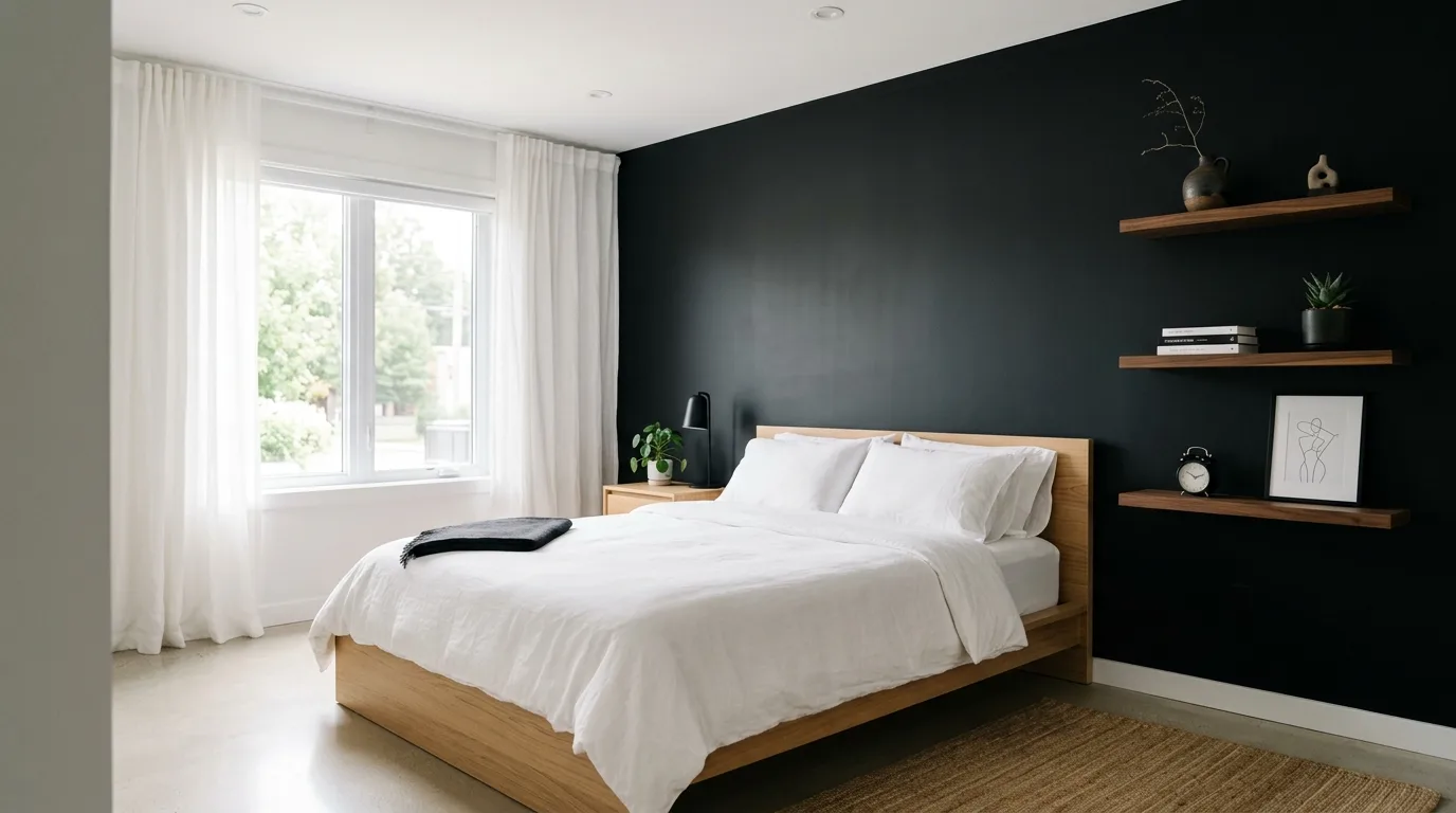 Black wall with brass lighting glow in a dramatic statement bedroom.