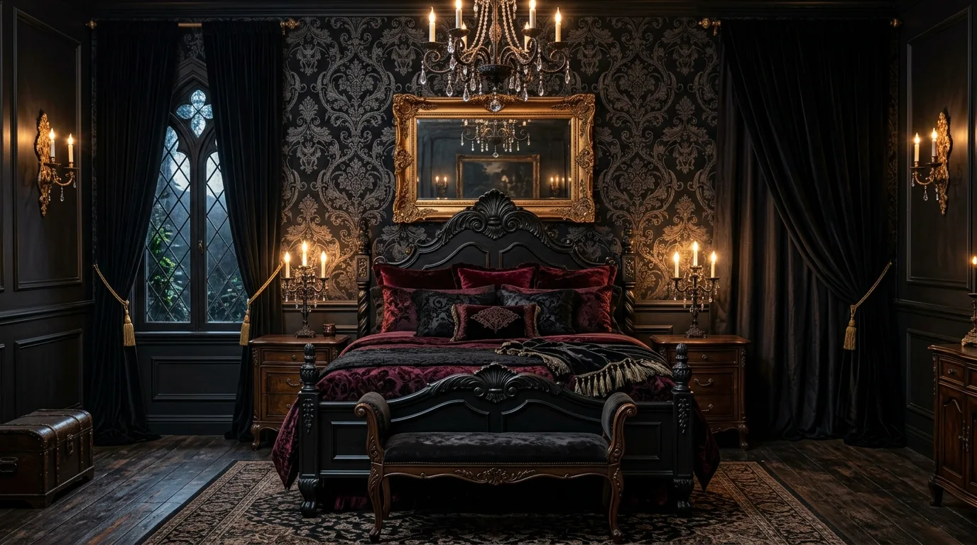 Black walls and minimal modern styling in a sharp statement bedroom.