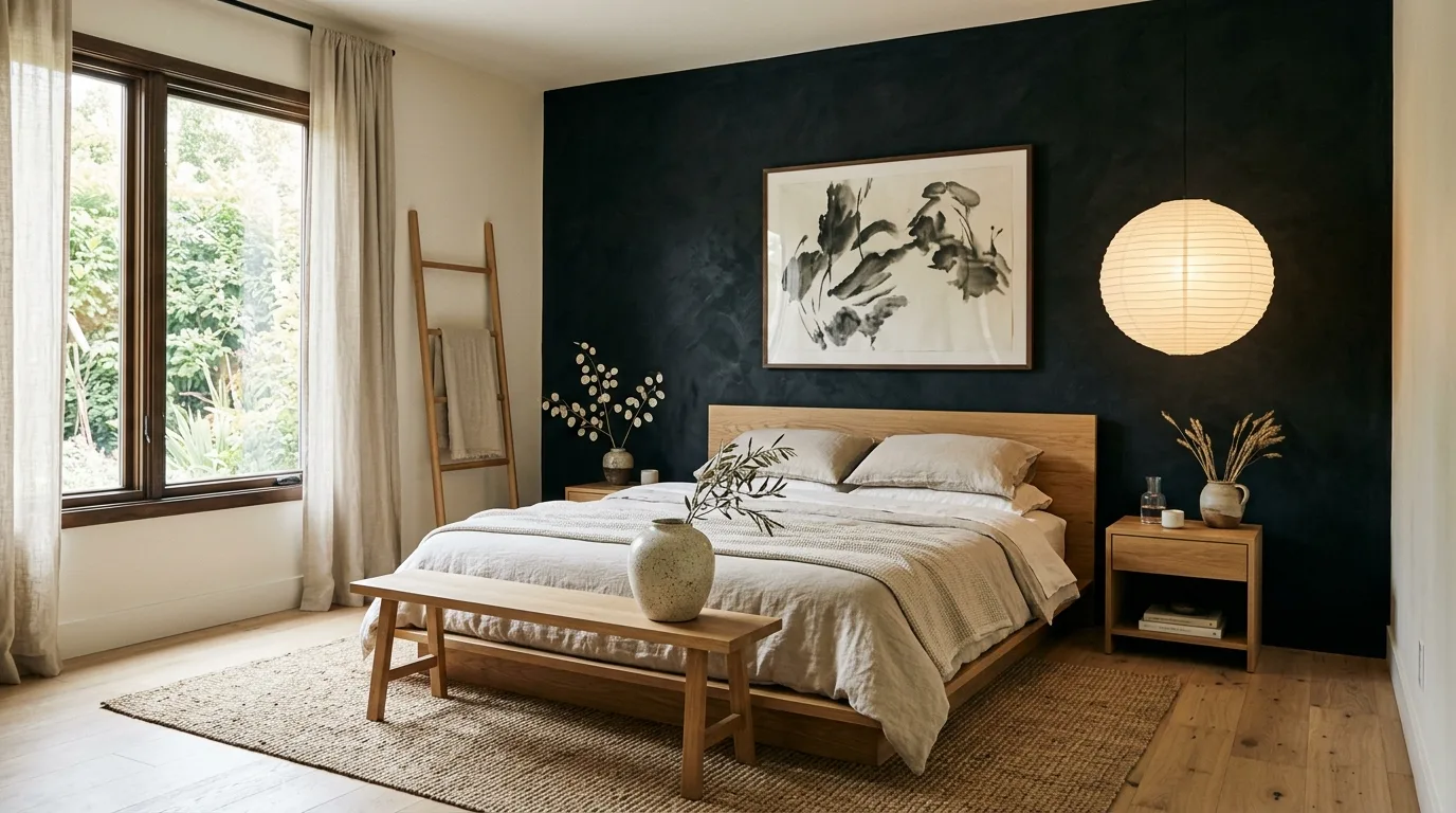 Soft beige bedding against a black bedroom wall in a balanced bold room.