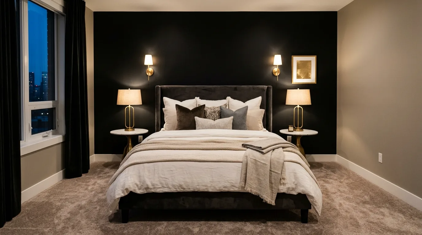Black paneled walls adding extra drama to a stylish bedroom.
