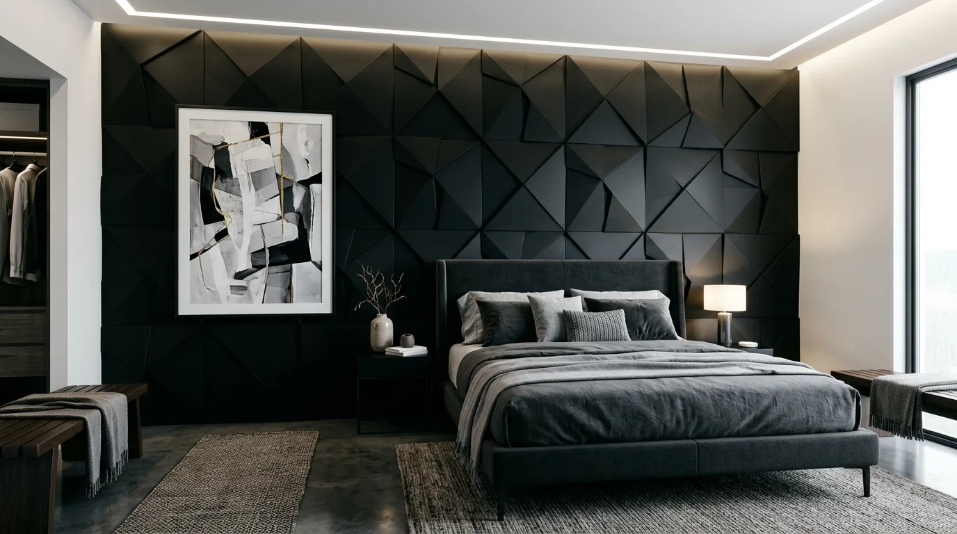 Statement black wall with art above the bed in a dramatic bedroom.