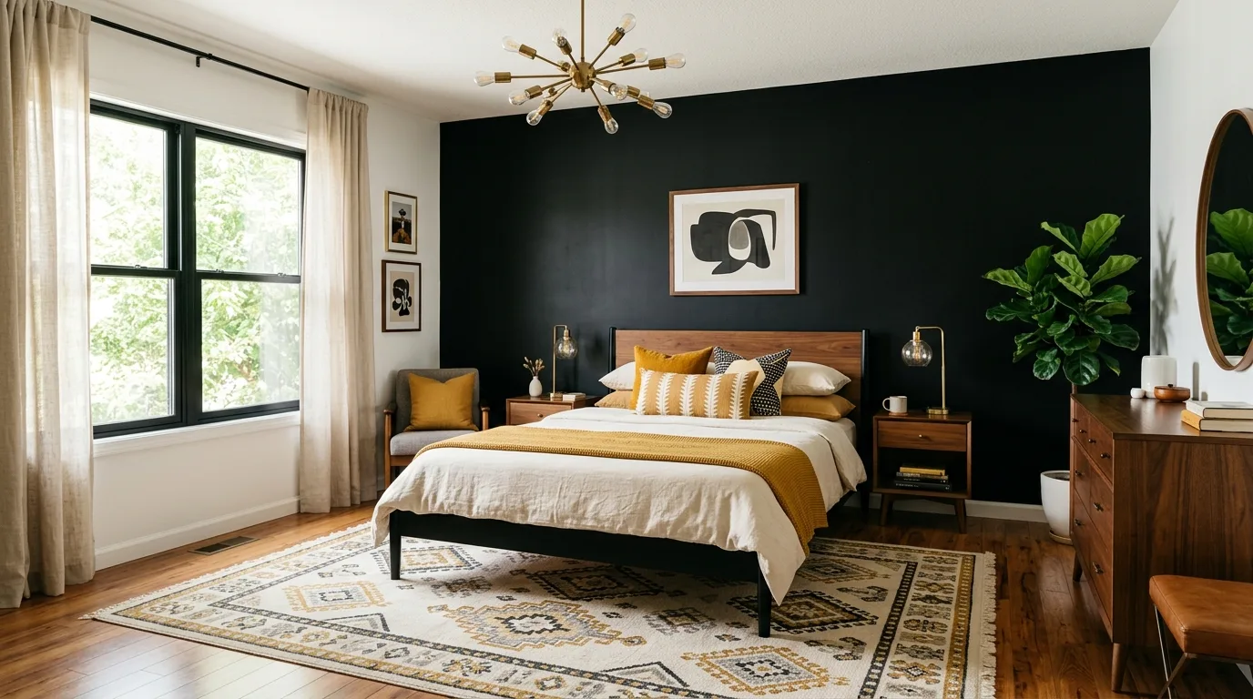 Black walls with soft daylight filtering into a dramatic but calm bedroom.