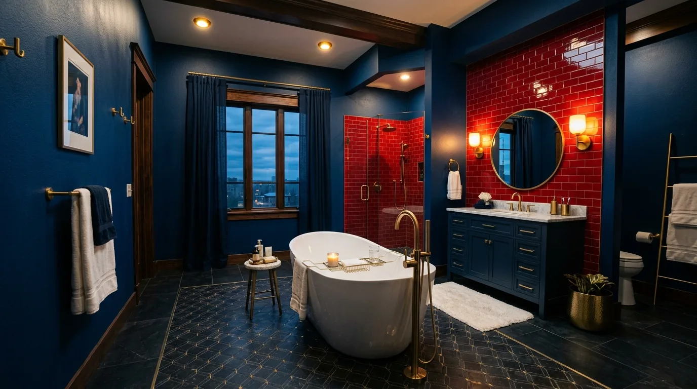Bold blue and red bathroom with fearless color contrast.
