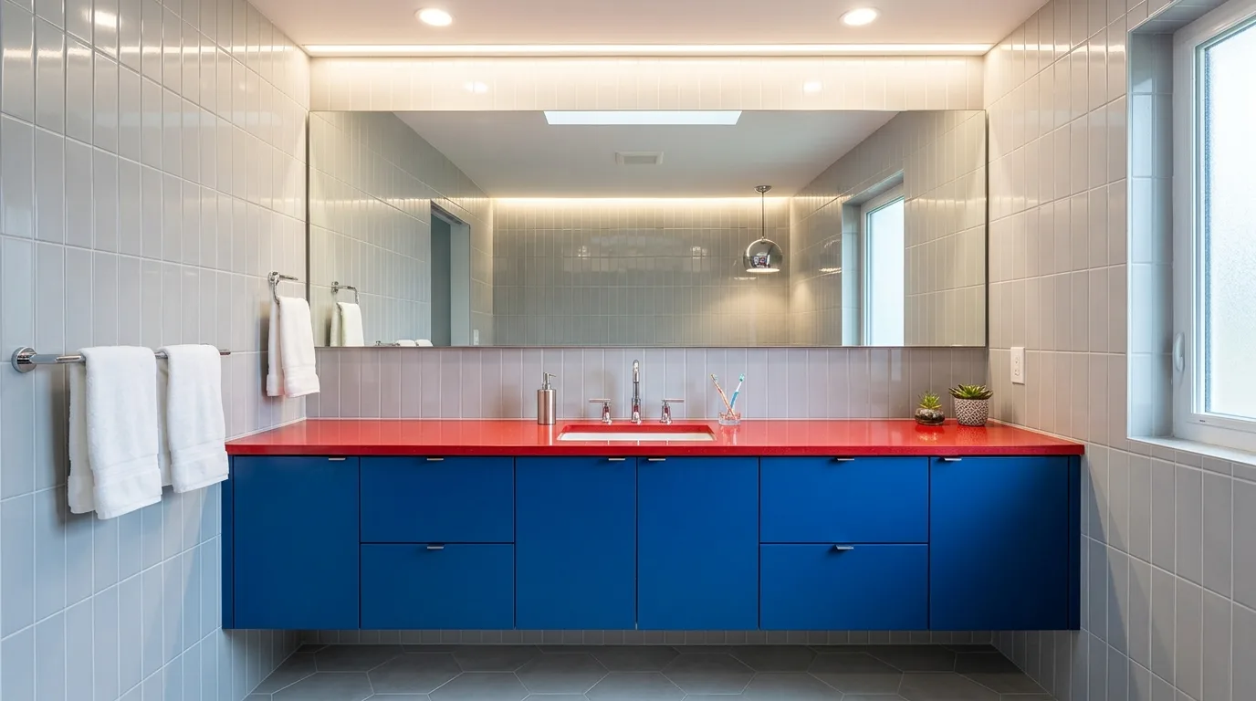 Blue and red bathroom where one color dominates the scheme.
