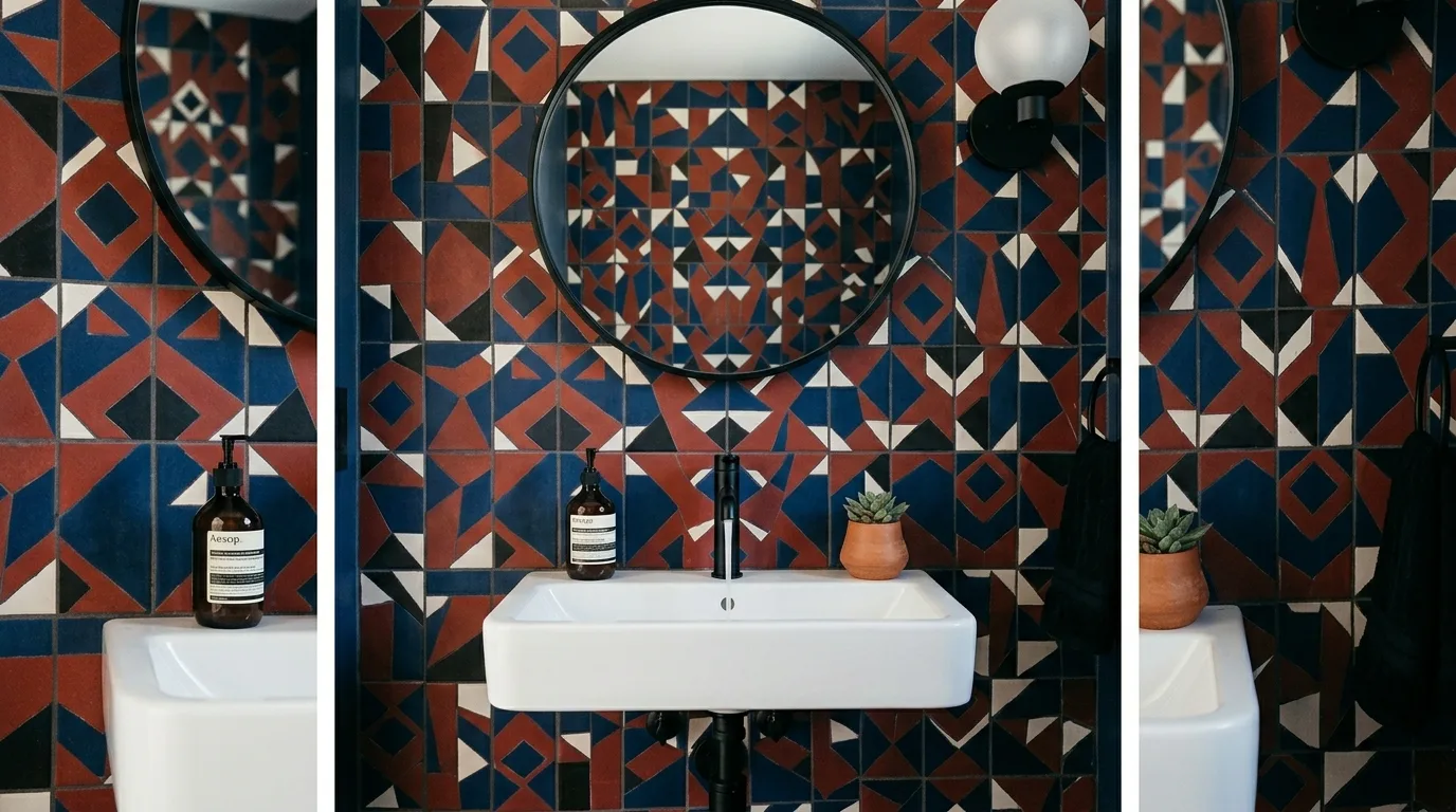 White separating blue and red in a bold bathroom.