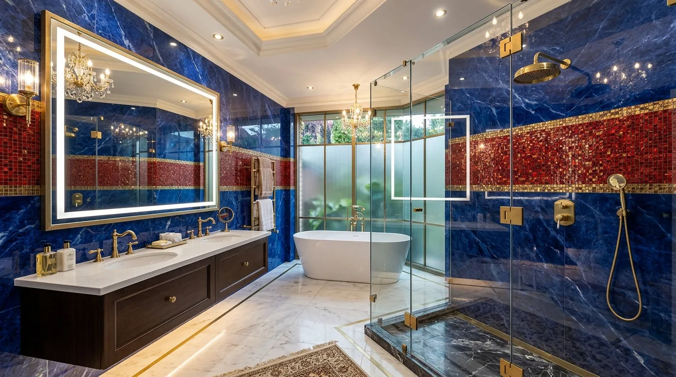 Blue calming the room while red adds punch in a bathroom.