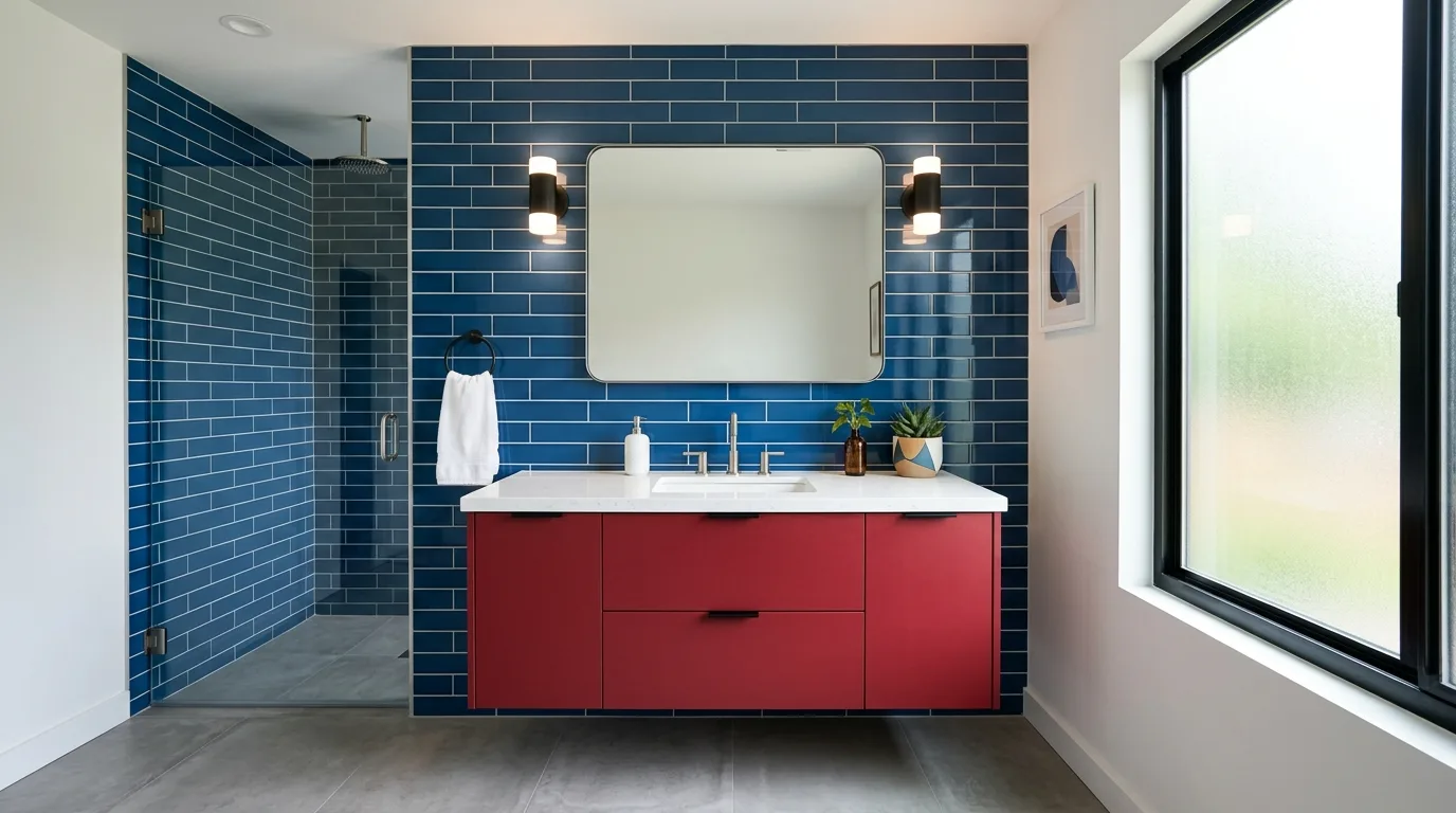 Black accents adding structure to a blue and red bathroom.