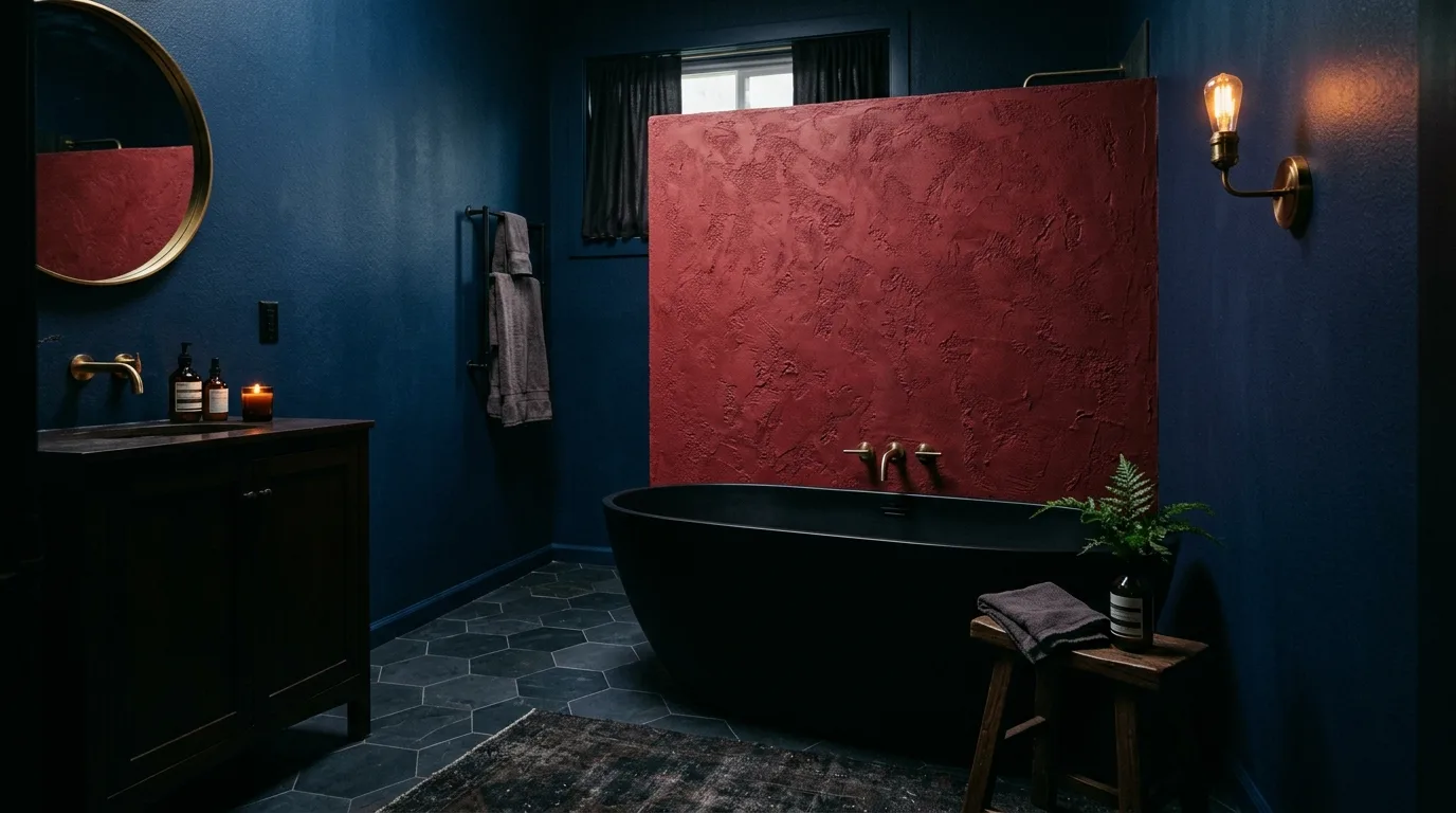 Pattern used carefully in a blue and red bathroom.