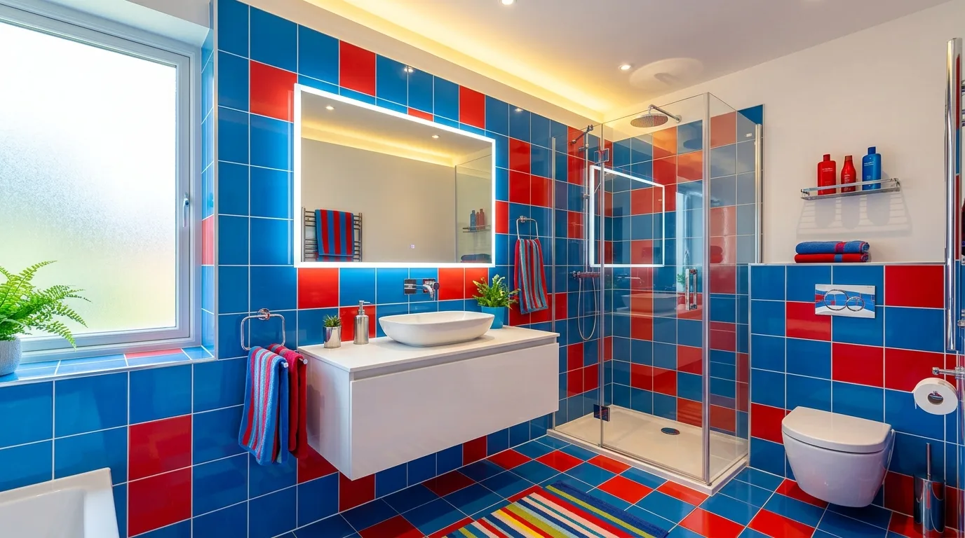 Natural materials balancing a bold blue and red bathroom.