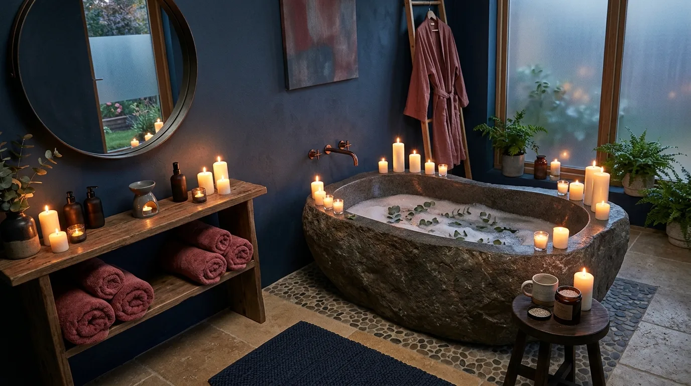 Edited styling in a fearless blue and red bathroom.