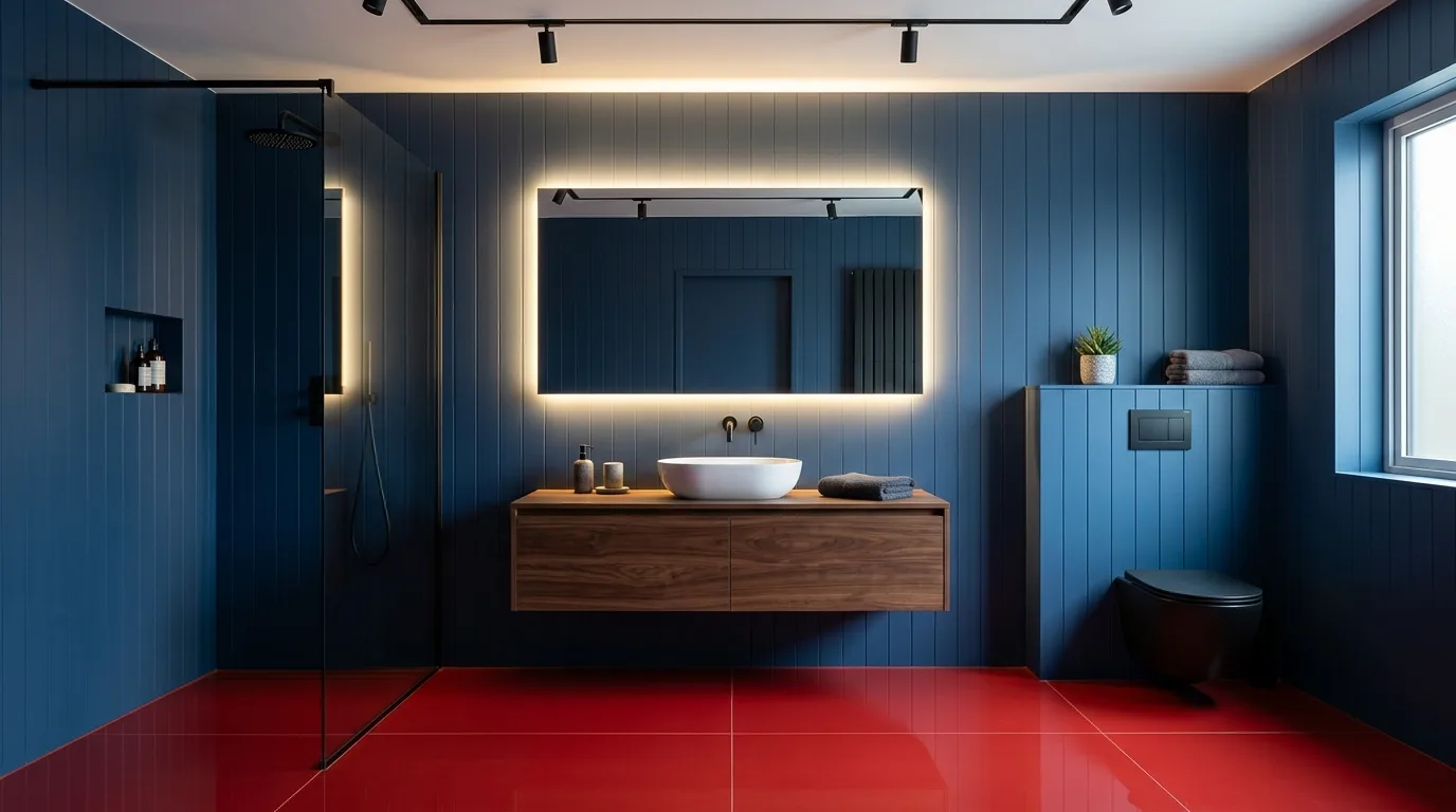 Lighting keeping blue and red tones rich in a bathroom.