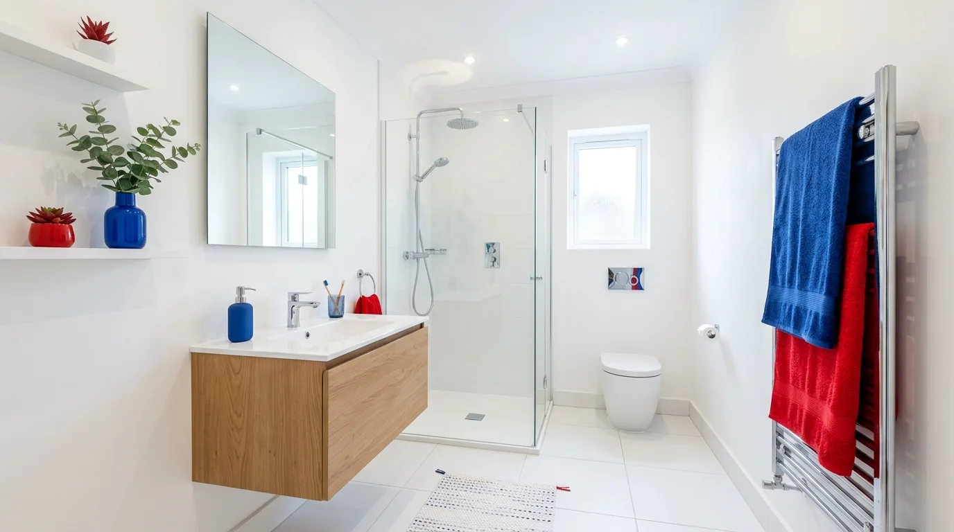 Energetic smart bathroom with a fearless blue and red palette.