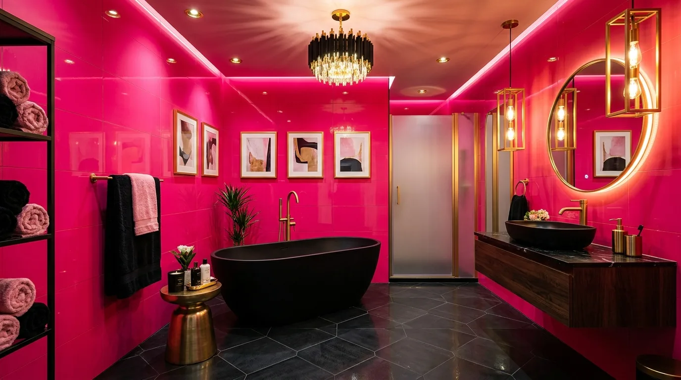 Bold Hot Pink Bathroom Ideas for a Maximalist Punch in a thoughtfully styled bathroom.