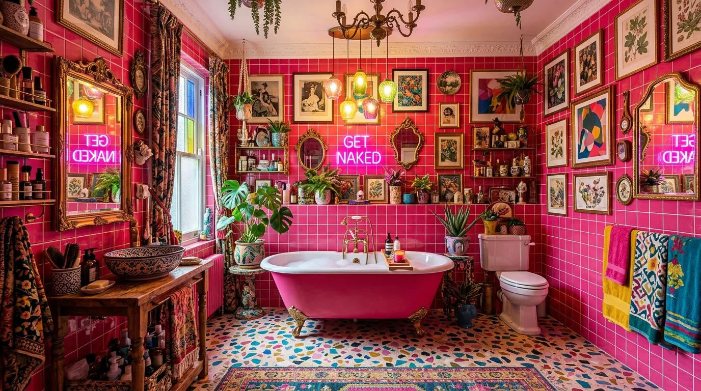 start with the main color or material story in a bathroom inspired by bold hot pink maximalist.