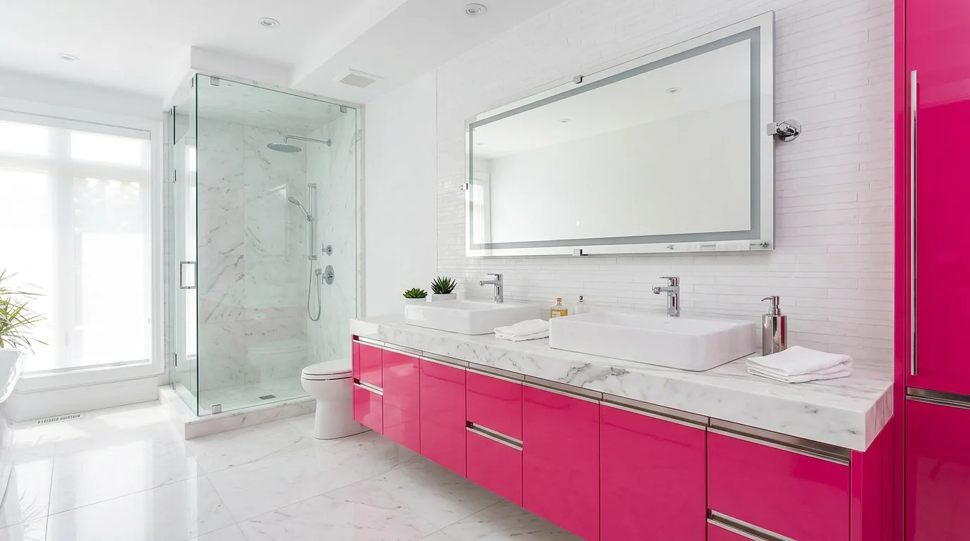 pair it with finishes that support the mood in a bathroom inspired by bold hot pink maximalist.