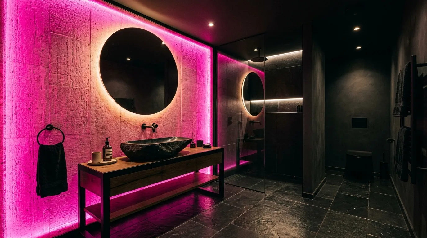use lighting to bring the space to life in a bathroom inspired by bold hot pink maximalist.
