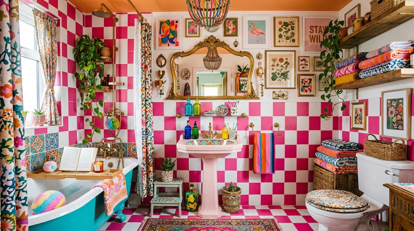 add texture for more depth in a bathroom inspired by bold hot pink maximalist.