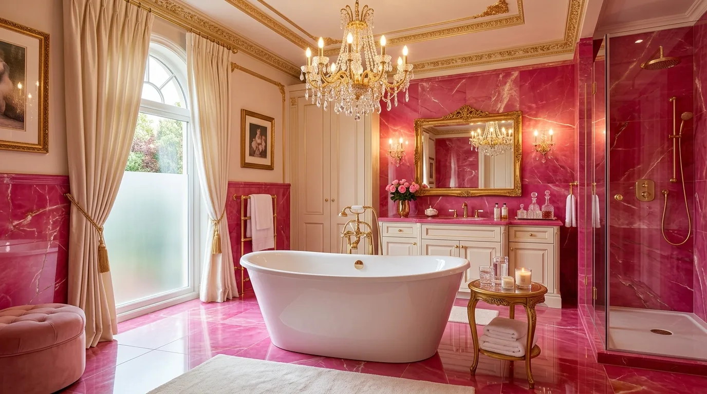 keep fixtures and lines thoughtful in a bathroom inspired by bold hot pink maximalist.