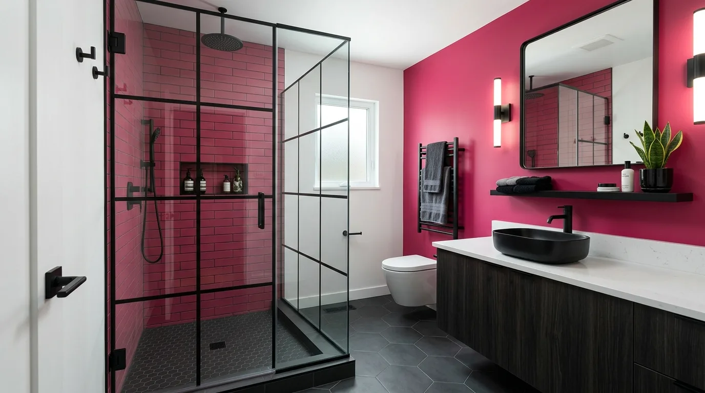 balance boldness with breathing room in a bathroom inspired by bold hot pink maximalist.