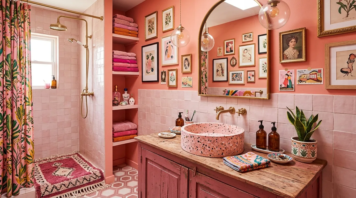 use decor that reinforces the look in a bathroom inspired by bold hot pink maximalist.