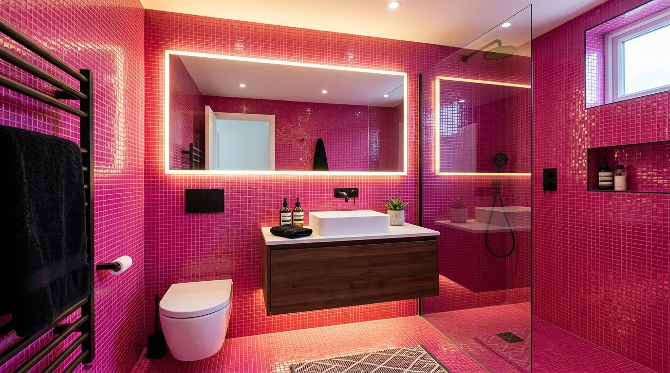 let the room feel personal and restful in a bathroom inspired by bold hot pink maximalist.