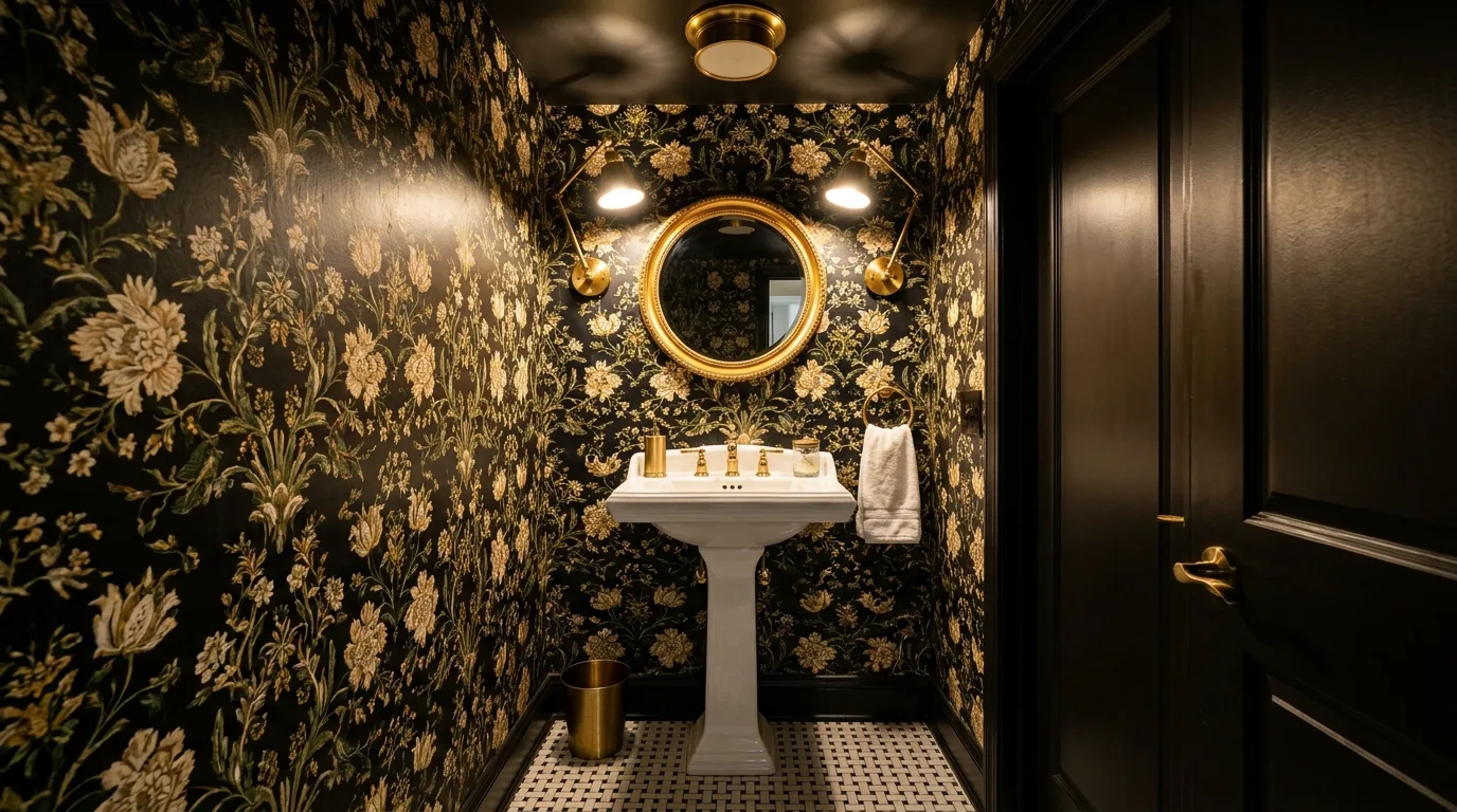 Bold Small Bathroom Wallpaper Ideas for a Powder Room Punch in a thoughtfully styled bathroom.