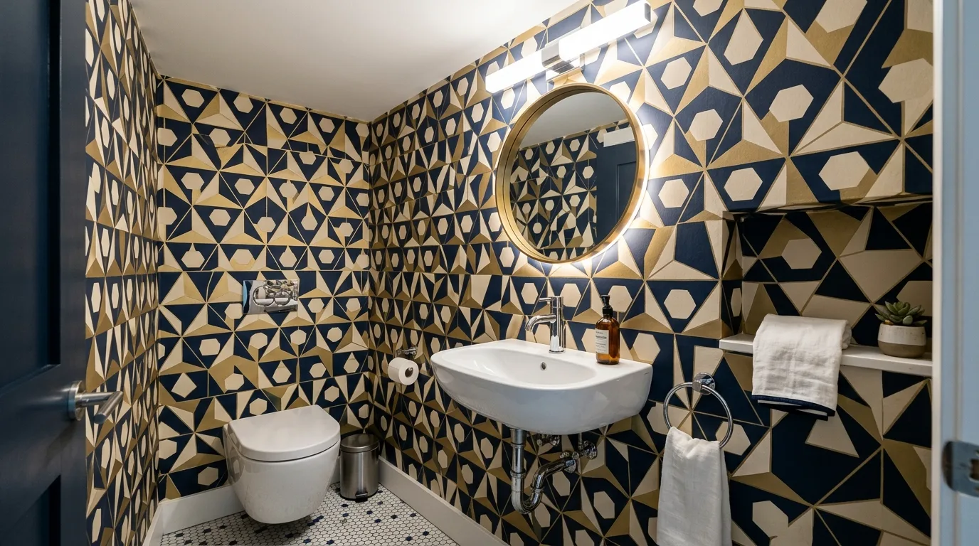 pair it with finishes that support the mood in a bathroom inspired by bold wallpaper punch.