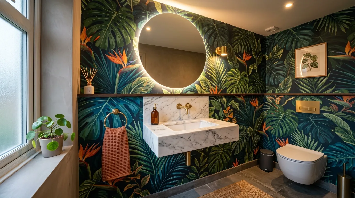 use lighting to bring the space to life in a bathroom inspired by bold wallpaper punch.