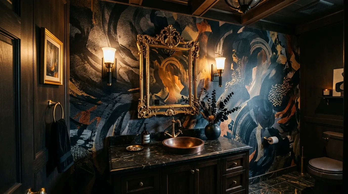 add texture for more depth in a bathroom inspired by bold wallpaper punch.