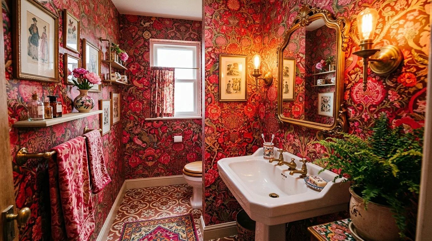 keep fixtures and lines thoughtful in a bathroom inspired by bold wallpaper punch.