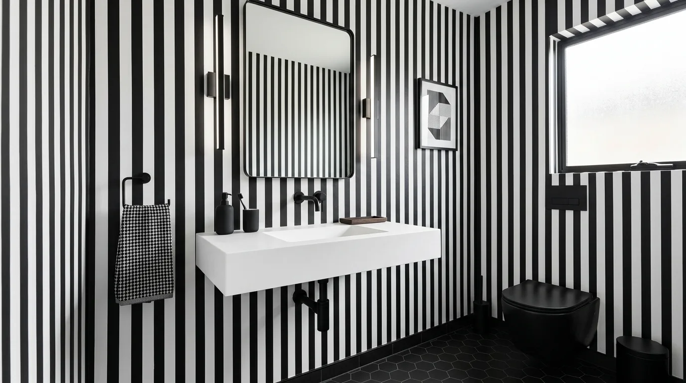 balance boldness with breathing room in a bathroom inspired by bold wallpaper punch.