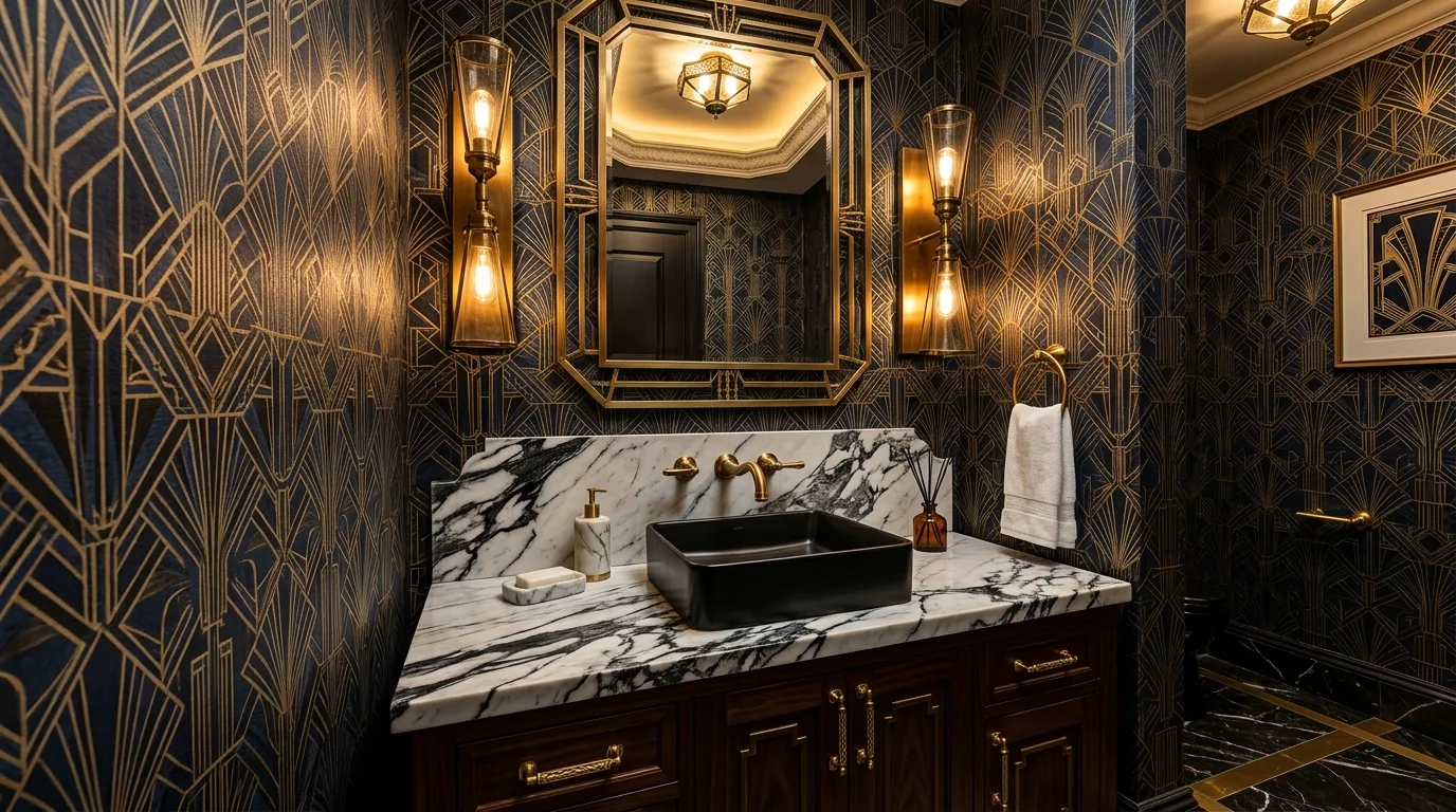 use decor that reinforces the look in a bathroom inspired by bold wallpaper punch.