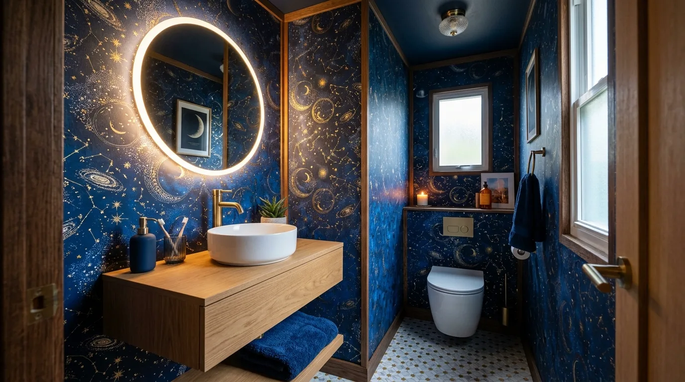 let the room feel personal and restful in a bathroom inspired by bold wallpaper punch.