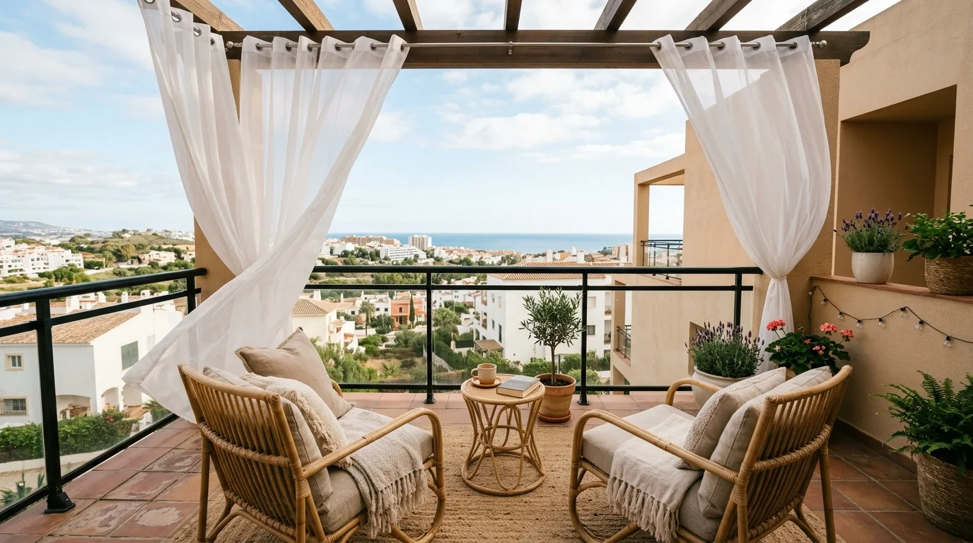 Breezy Apartment Balcony Curtain Ideas for Shade and Style in a thoughtfully styled balcony.
