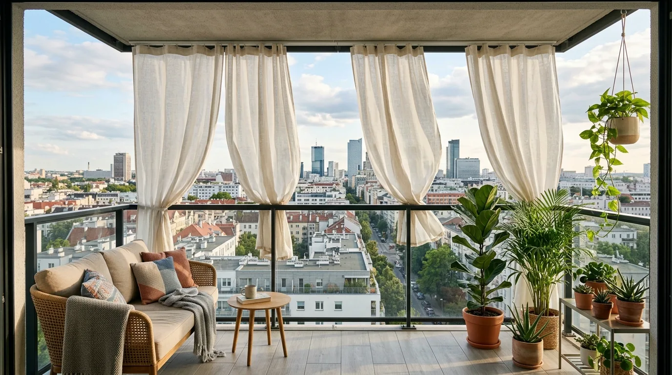 start with a strong layout in a balcony inspired by breezy curtain shade.