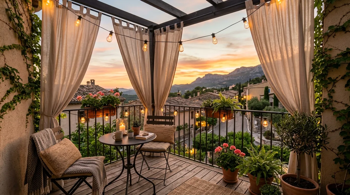 choose furniture that fits the scale in a balcony inspired by breezy curtain shade.