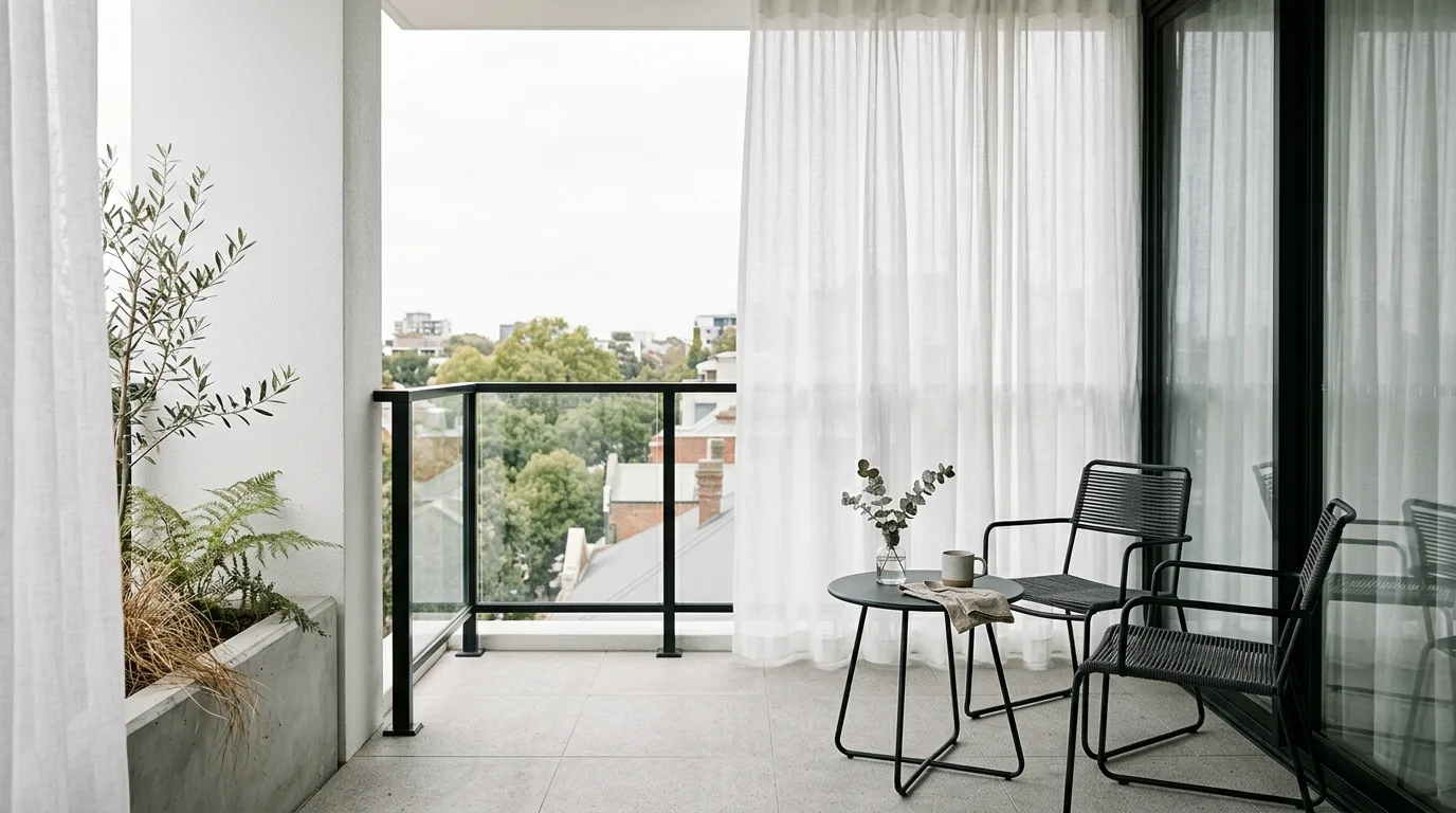use light and shade intentionally in a balcony inspired by breezy curtain shade.