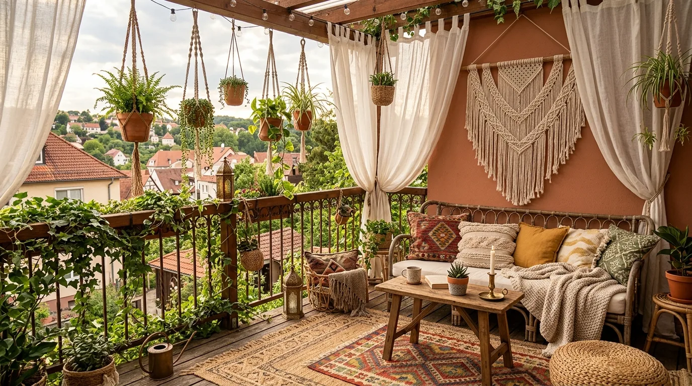 add texture for comfort and warmth in a balcony inspired by breezy curtain shade.