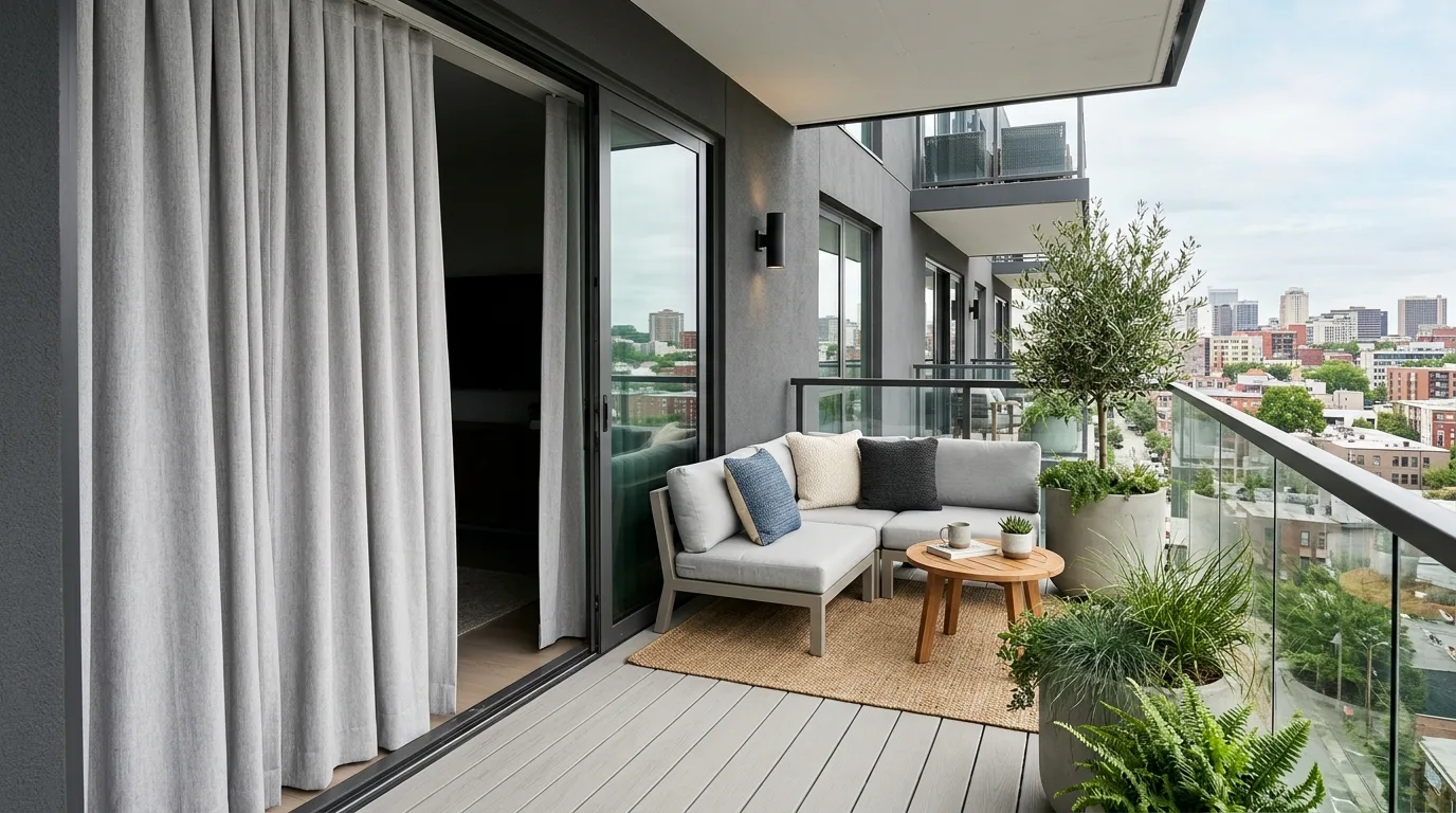 keep storage practical and hidden in a balcony inspired by breezy curtain shade.