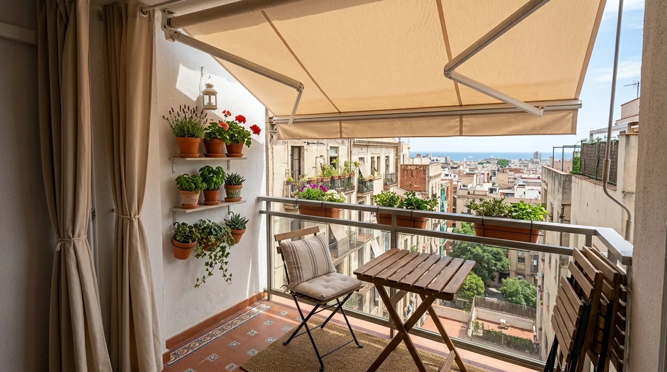 use decor that supports daily living in a balcony inspired by breezy curtain shade.