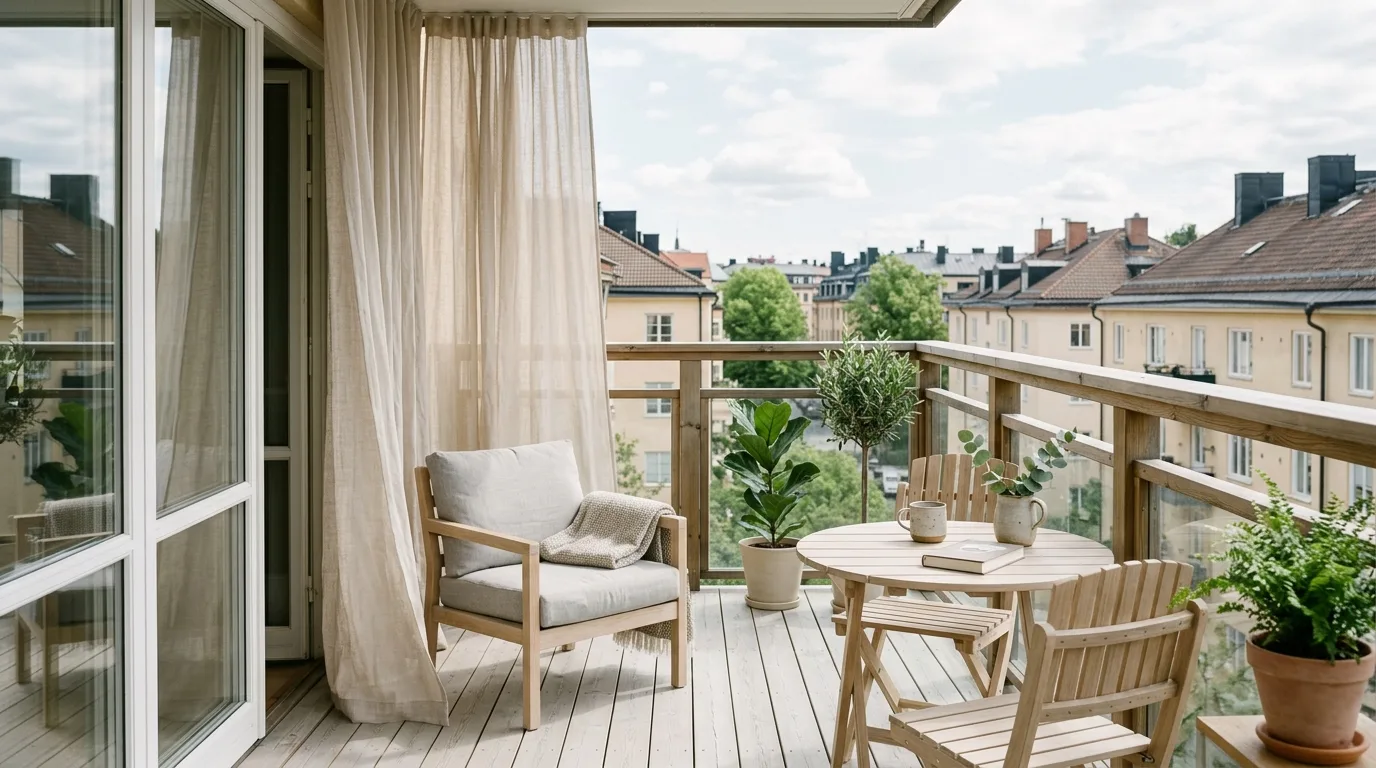 let the balcony feel personal and relaxed in a balcony inspired by breezy curtain shade.