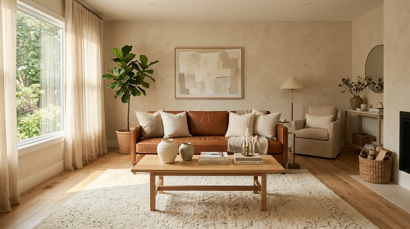 Brown and beige living room with a warm sofa, creamy rug, and soft daylight.