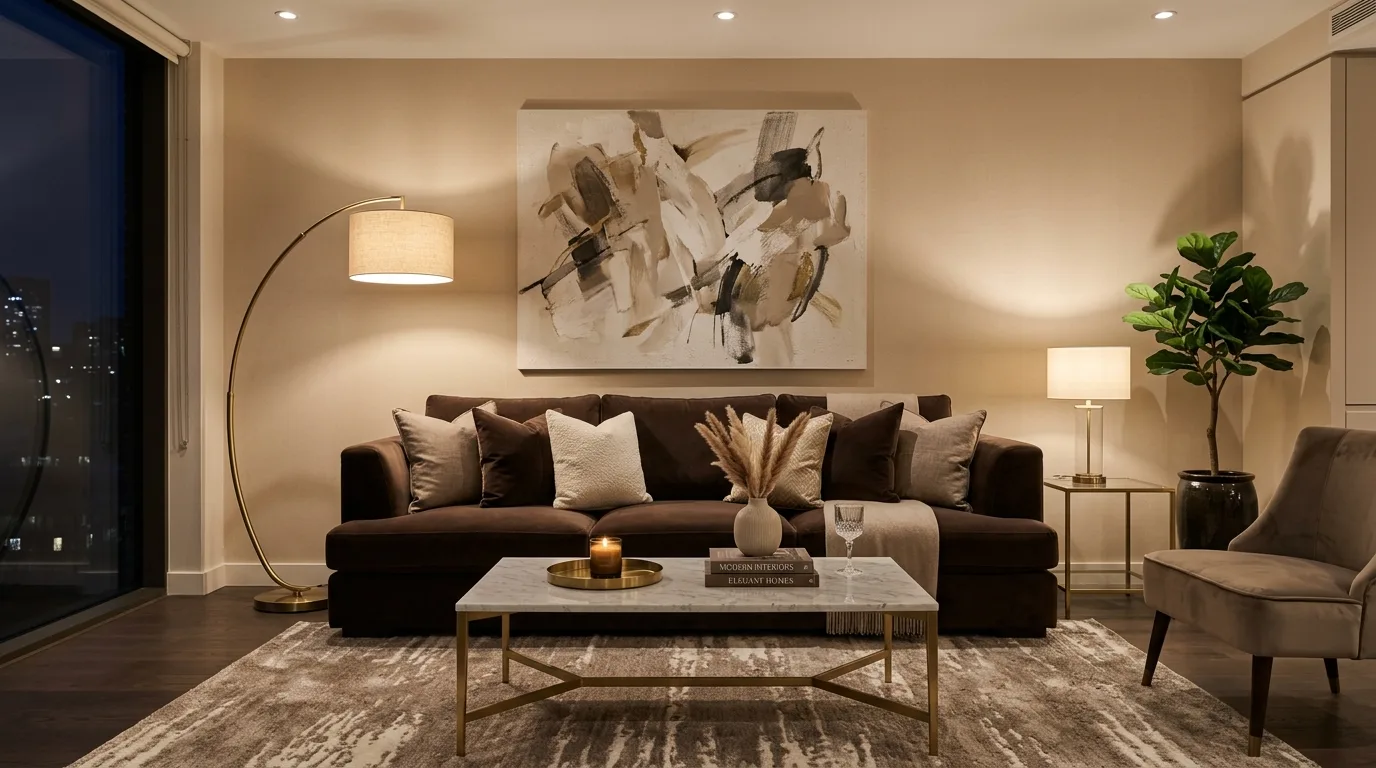 Espresso wood coffee table and beige seating in a refined neutral living room.