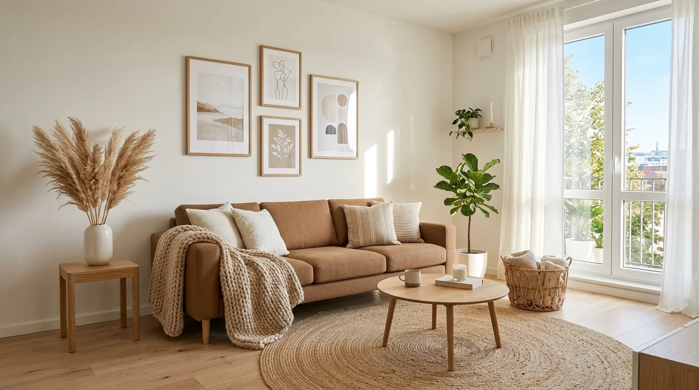 Chocolate brown sectional with biscuit beige pillows and a plush rug.